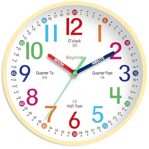 Wall Clock for Kids Learning to Tell Time Easily Clock Non Ticking Battery Operated Colorful Teaching Time Clock Decorative for Kids Room Classroom School