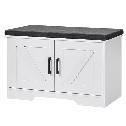 Farmhouse Shoe Storage Bench with Barn Doors & Padded Seat Cushion