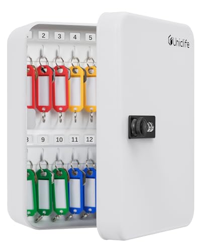 28 Key Steel Key Cabinet with Combination Lock Wall Mounted Key Organizer with Resettable Code Black Digital Security Box with Hooks and Large Key Tag Labels Identifiers in 5 Assorted Colors
