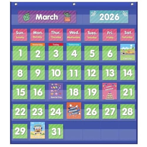 Classroom Monthly Calendar Pocket Chart with 71 Cards for Kids Learning for Home