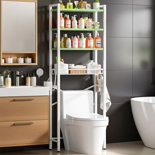 Over-The-Toilet Storage Rack, 4-Tier Bathroom Organizer Shelf Over Toilet with Adjustable Shelf and Basket, Freestanding Space Saver Bathroom Shelves Above Toilet for Room