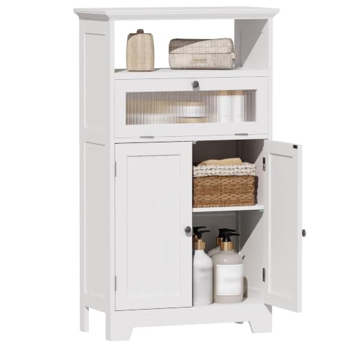Bathroom Floor Storage Cabinet with Flip Glass Drawer