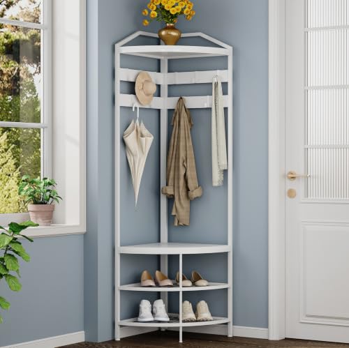 Corner Hall Tree with Shoe Bench Entryway Coat Rack with 10 Metal Movable Hooks Freestanding Clothes Rack Shoes Shelf Organizer for Home Office Bedroom