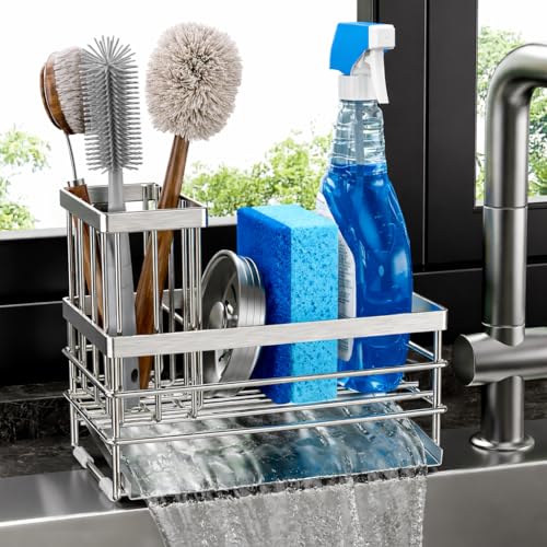 Sink Caddy Sponge Holder for Kitchen with Brush Holder and Stainless Steel Self Drain Tray