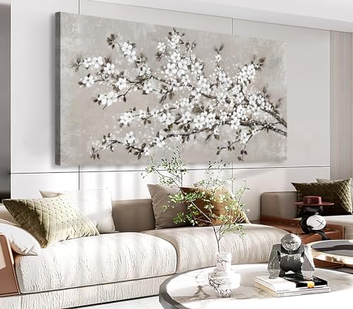 Large Floral Wall Art Grey Cream Brown Flowers Wall Decor Abstract Botanical Canvas Painting Artwork Simple Life Canvas Pictures for Living Room Bedroom Kitchen Home Office Decoration
