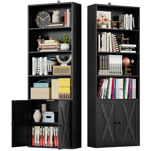 Industrial Bookshelves and Bookcases with Doors Set of 2 Floor Standing 6 Shelf Display Storage Shelves 70 in Tall Bookcase for Home Office