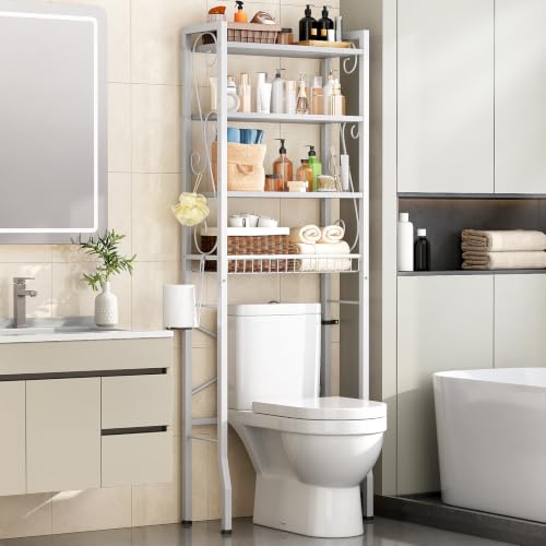 Over-The-Toilet Storage Rack 4-Tier,Bathroom Organizer Shelf Over Toilet,Adjustable Wooden Shelves and Basket,Freestanding Above Toilet Shelves,Space Saver for Rooms