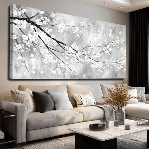 Green Abstract Canvas Wall Art with Gold Ginkgo Leaves and White Black Plum Blossom Accents Modern Nature Painting for Living Room Bedroom Office Contemporary Home Wall Decor