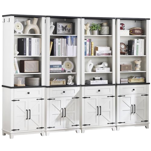 72in Tall Bookshelf 7 Tier Bookcase with Drawer and Barn Doors and Adjustable Shelves