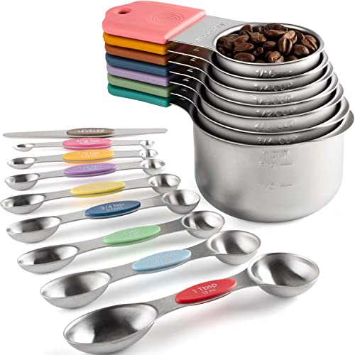 Magnetic Measuring Cups and Spoons Set Including 7 Heavy Duty Stainless Steel Measuring Cup 8 Double Sided Measuring Spoons with 1 Leveler for Dry and Liquid Ingredients