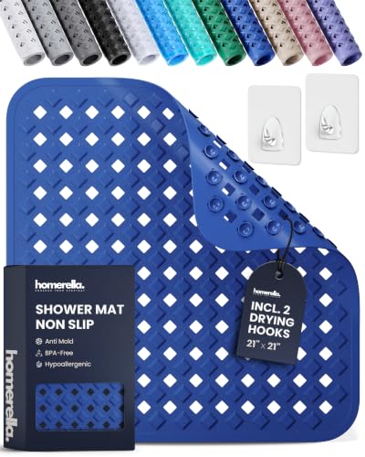Shower Stall Mat Non Slip 21x21 Square Shower and Standing Bathtub Mat for Baby INCL. 2 Hooks for Storage Anti Slip Shower Mats with Suction Cups Soft on Feet Machine Washable Homerella