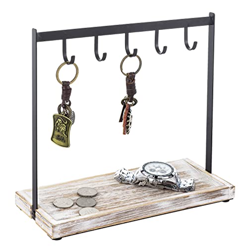 Black Metal Entryway Key Holder with 5 Hooks and Burnt Wood Base