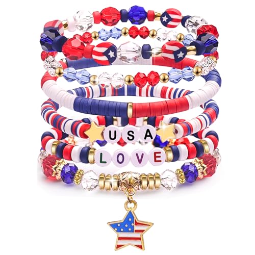 250 Anniversary USA Merchandise 4th of July Outfits for Women Men Teens Red White Blue Clay Beaded Stretch Bracelets USA Patriotic Jewelry 4th of July Accessories