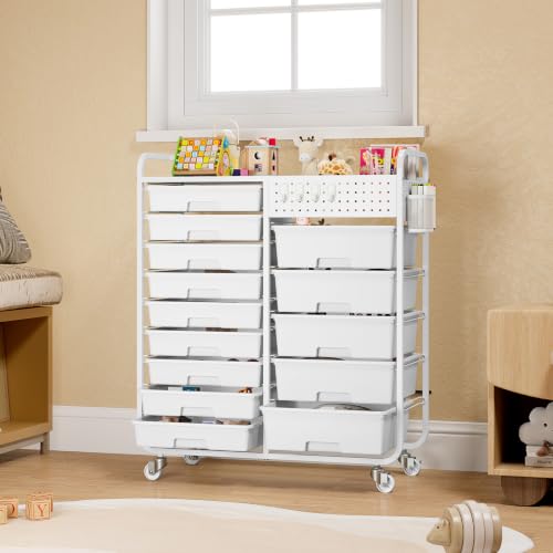 14 Drawer Rolling Storage Cart with Tabletop and Pegboard for Crafts