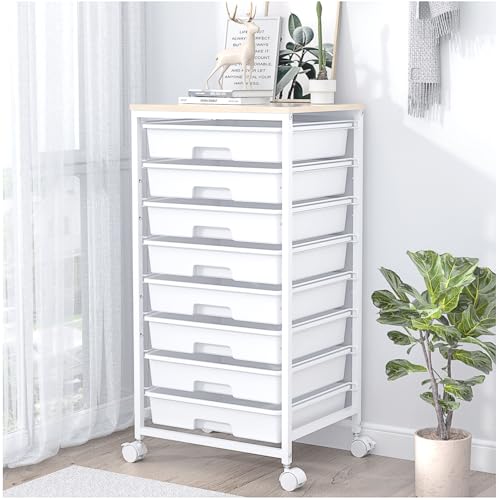 Rolling Cart with 8 Drawers and Wooden Tabletop
