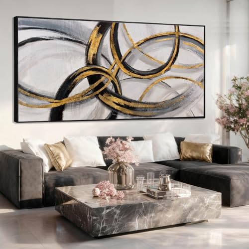 White Wall Art Frame Wall Decor Large Abstract Canvas Pictures Living Room Decor Black Gold Canvas Oil Paintings Flowers Decorations Oversized Arts for Home Office Bedroom