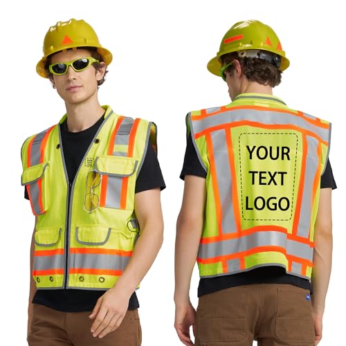 Heavy Woven cotton High Vis Reflective work construction safety vest for men Class 2 with ipad Cargo Back Pocket
