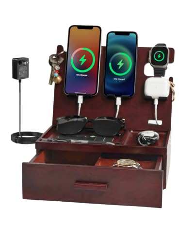 USB Charging Station for Multiple Devices Wood Phone Docking Station with QC3.0 & PD 22.5W Type c Charger Fast Charging for iPhone Samsung Google Andriod Smart Watch Earbuds Gifts for Men
