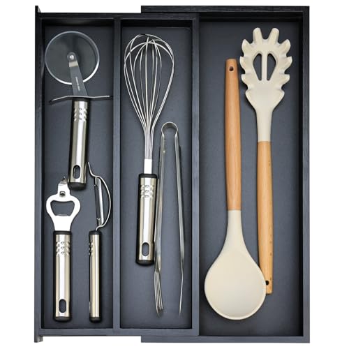 Bamboo Utensil Drawer Organizer Cutlery Tray Kitchen Tools Drawer Holder Expandable Silverware Organizer Tray for Saptula Spoon Large Cooking Utensils Organizer Adjustable Wooden Flatware Organizer