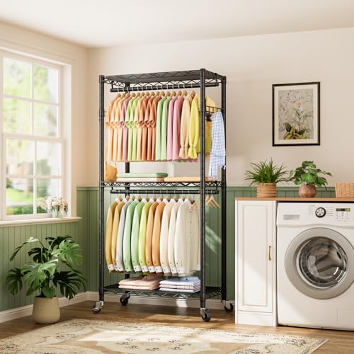 Heavy Duty Rolling Clothes Rack Wheels Portable Metal Garment Rack