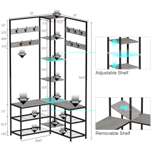 Corner Hall Tree with Shoe Rack Storage Bench Display Open Shelves Modern Industrial Entryway Coat Rack Stand for Home Living Room Mudroom Bedroom Multifuncitonal 5 in 1
