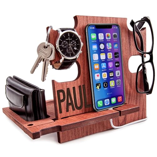GRETAOTO Personalized Wood Phone Docking Station Gift for Men Bedside Nightstand Charging Station Organizer Mens Accessories Phone Stand Anniversary Birthday Gifts for Dad Him Husband