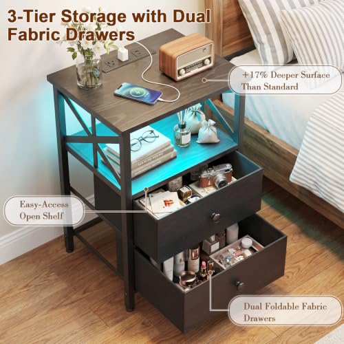 Night Stand Set of 2 with Charging Station and LED Lights