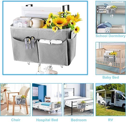 Bedside Storage Organizer 5 Pockets with 4 Hooks Hanging Storage Bag for Headboards