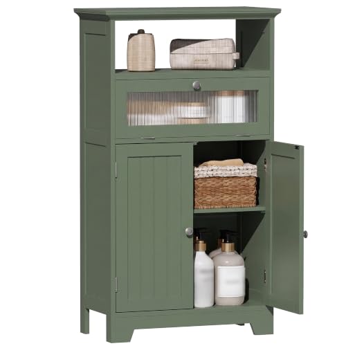 Bathroom Floor Storage Cabinet with Flip Glass Drawer