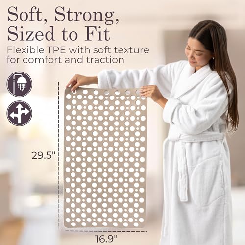 Non Slip Bathtub Mat and Shower Mat Beige TPE Strong Suction Cups Aesthetic Bath Mat for Inside Shower with Soft Texture