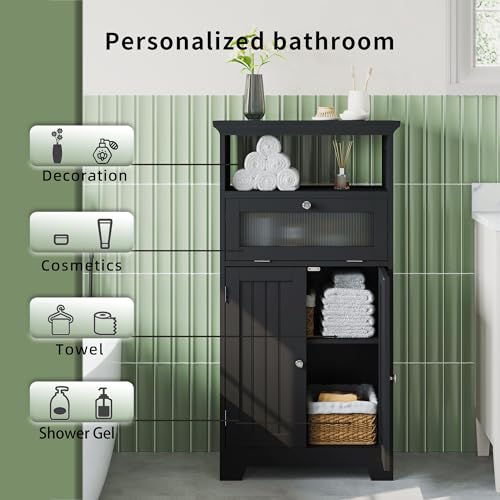 Bathroom Floor Storage Cabinet with Flip Glass Drawer
