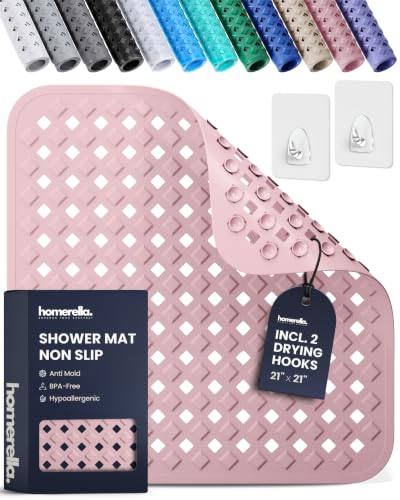 Shower Stall Mat Non Slip 21x21 Square Shower and Standing Bathtub Mat for Baby INCL. 2 Hooks for Storage Anti Slip Shower Mats with Suction Cups Soft on Feet Machine Washable Homerella