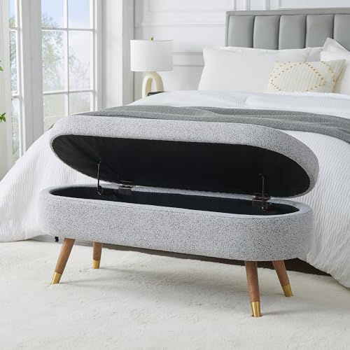 Oval Storage Bench 43.5" Linen Fabric Upholstered Entryway Bench with Solid Wood Legs Ottoman Bench Indoor Bench for Living Room