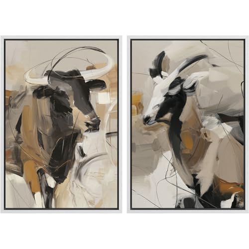 Framed Canvas Print Wall Art Modern Abstract Longhorn Cow Neutral Black Beige Western Cattle Illustrations Modern Art Decorative for Living Room
