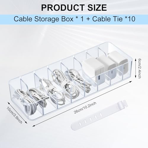 Cable Organizer Box with Wire Ties Cord Storage Charger Box Plastic Electronics Organizer with 8 Removable Divider Cable Storage for Office Home Desk Accessories