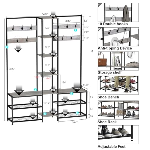 Corner Hall Tree with Shoe Rack Storage Bench Display Open Shelves Modern Industrial Entryway Coat Rack Stand for Home Living Room Mudroom Bedroom Multifuncitonal 5 in 1