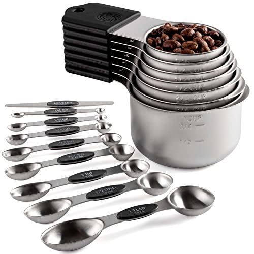 Magnetic Measuring Cups and Spoons Set Including 7 Heavy Duty Stainless Steel Measuring Cup 8 Double Sided Measuring Spoons with 1 Leveler for Dry and Liquid Ingredients