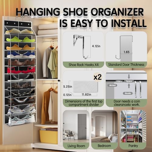 Over The Door Shoe Organizer with 12 Large Breathable Pockets