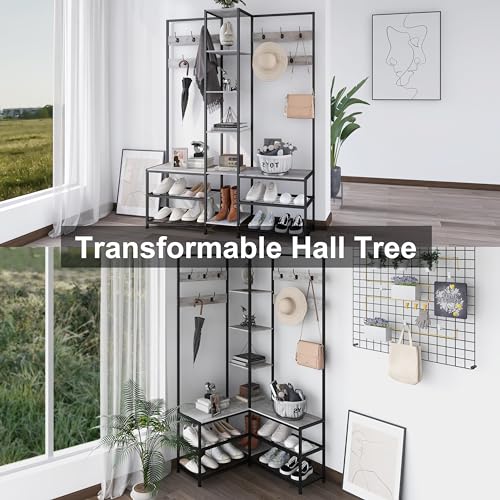 Corner Hall Tree with Shoe Rack Storage Bench Display Open Shelves Modern Industrial Entryway Coat Rack Stand for Home Living Room Mudroom Bedroom Multifuncitonal 5 in 1