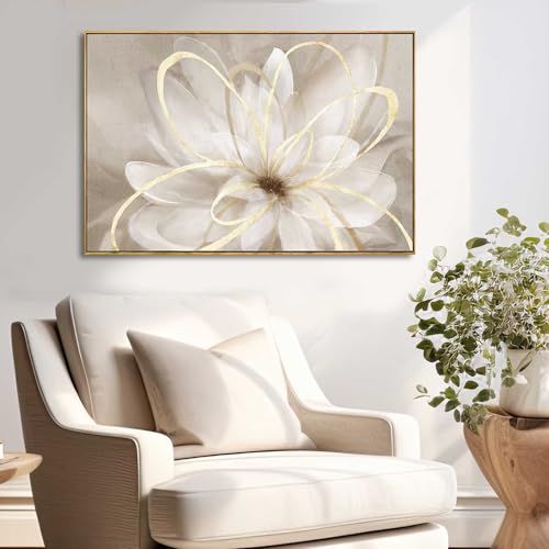 Abstract Bedroom Picture Gold Large Framed Canvas Wall Art Living Room Art Wall Decor Flower Paintings White Textured Pictures