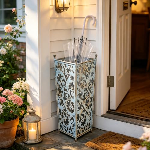 Vintage White Metal Umbrella Stand with Ornate Cutout Pattern Antique Decorative Umbrella Holder with Detachable Drip Tray for Entryway Storage Umbrellas Canes & Walking Sticks