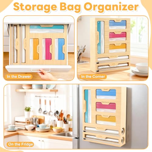 Magnetic Storage Bag Organizer 6 In 1 Food Bag Organizer for Drawer Food Storage Bags Organizers Foil and Plastic Wrap Organizers with Cutter