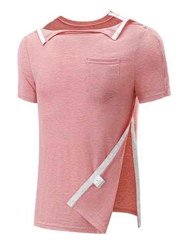 Men's Post Shoulder Surgery Recovery Shirts Full Tear Away Short Sleeve Snap Chemo Port Access Shirt