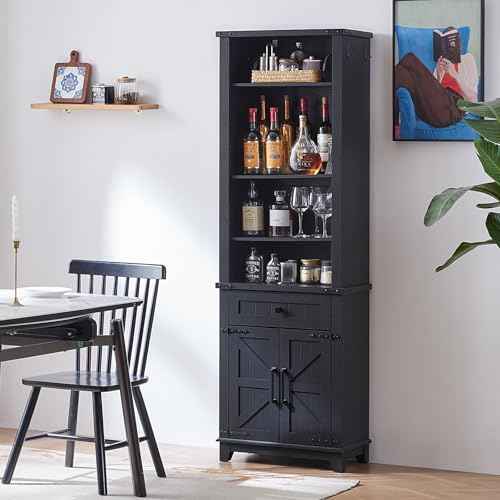 72in Tall Bookshelf 7 Tier Bookcase with Drawer and Barn Doors and Adjustable Shelves