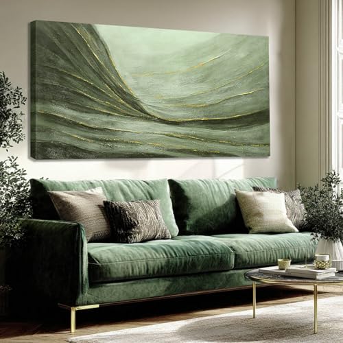 Green Abstract Canvas Wall Art with Gold Ginkgo Leaves and White Black Plum Blossom Accents Modern Nature Painting for Living Room Bedroom Office Contemporary Home Wall Decor