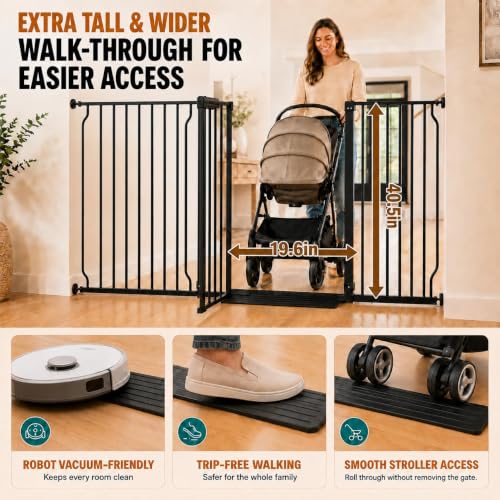 Baby Gate Extra Wide Pressure Mounted Walk Through Swing Auto Close Safety Black Metal Toddler Kids Child Dog Pet Puppy for Stairs