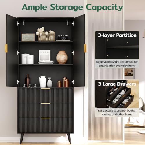 Fluted Tall Cabinet Kitchen Pantry with Adjustable Shelves