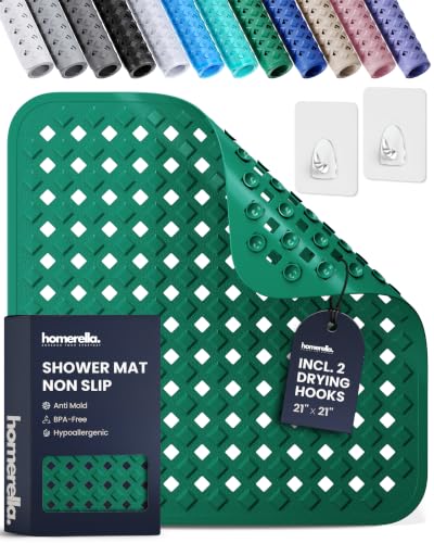 Shower Stall Mat Non Slip 21x21 Square Shower and Standing Bathtub Mat for Baby INCL. 2 Hooks for Storage Anti Slip Shower Mats with Suction Cups Soft on Feet Machine Washable Homerella