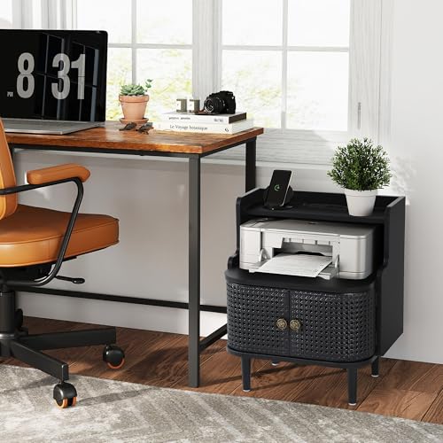 Metal Rattan Narrow End Table with Charging Station