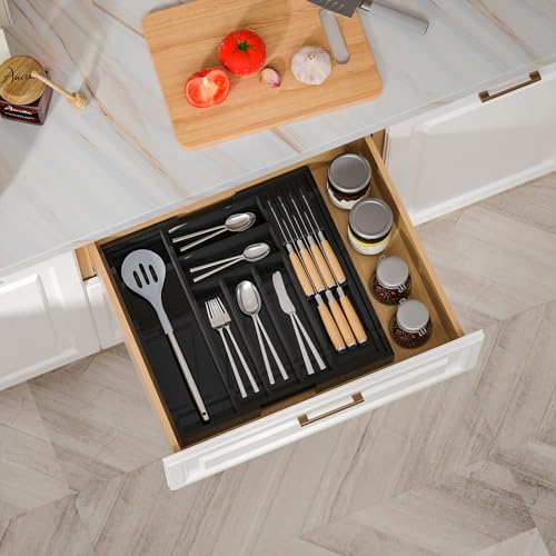 Expandable Bamboo Silverware Organizer with Knife Block